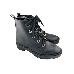 Women's 7.5 Black Leather‎ Chunky Lace-Up Ankle Boots Side Zipper